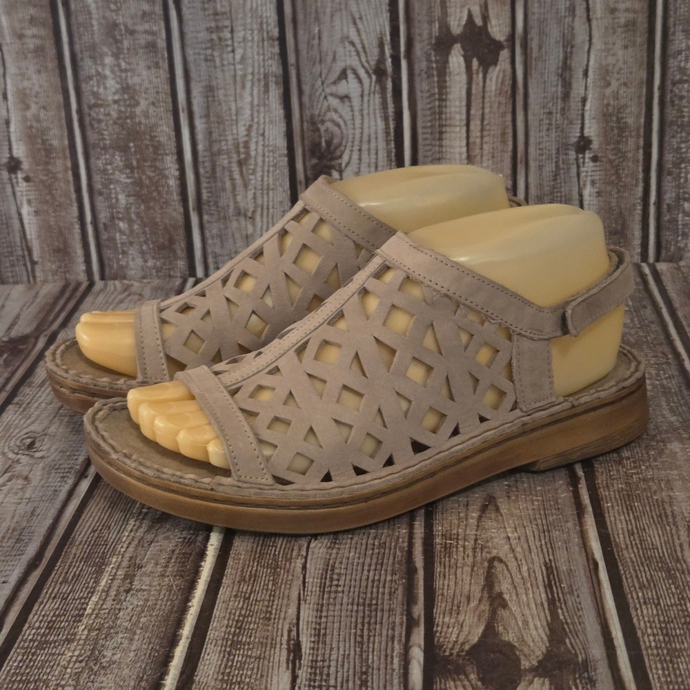 Sz 37 / 6 Womens Naot Amadora Taupe Nubuck Leather Laser Cut Flat Sandals VGUC